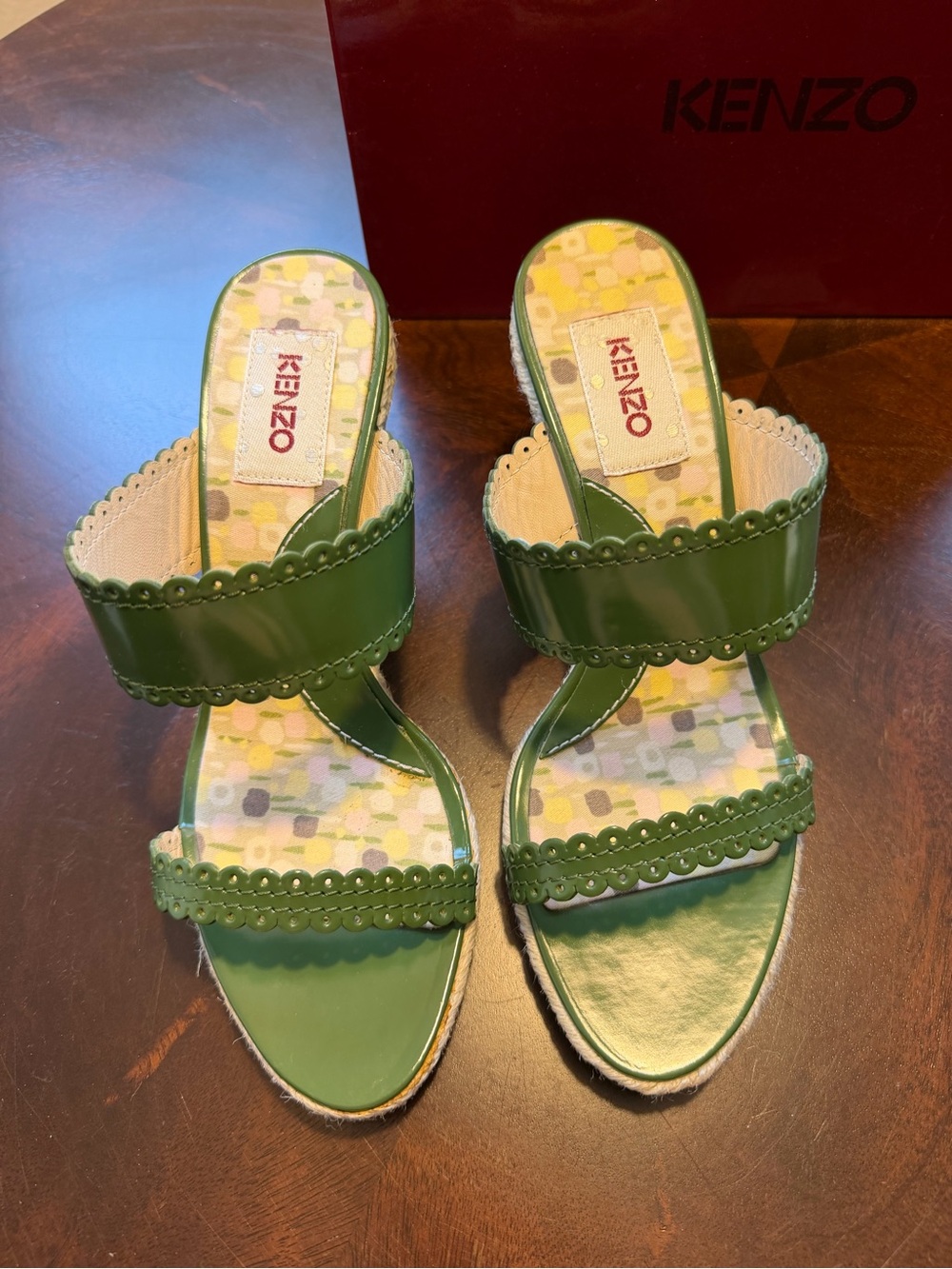 KENZO Vintage Green Spazzolato Leather Espadrille Mules Sz 37.5/US 7